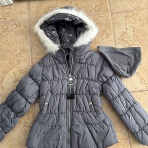 Girl's Gray Puffer Jacket with Faux Fur Hood
